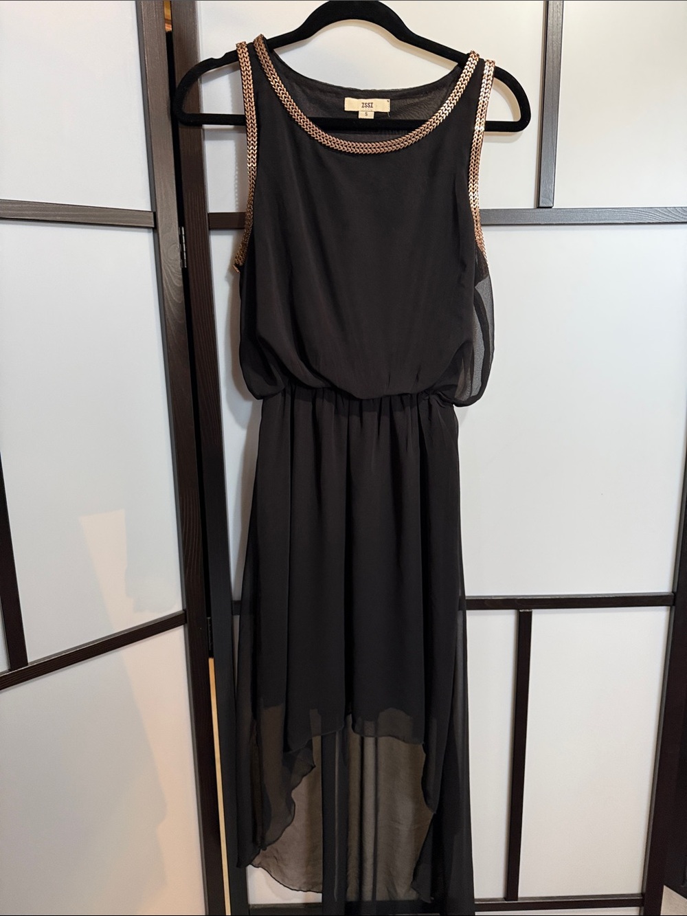 ISSI Black High-Low Chiffon Dress with Gold Trim